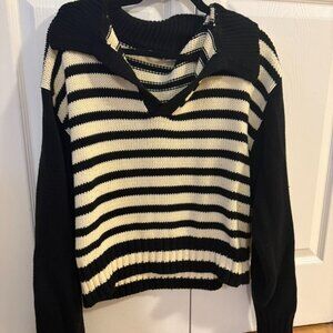 Ciao Lucia Black and Cream Striped Polo Chunky Sweater Size Medium